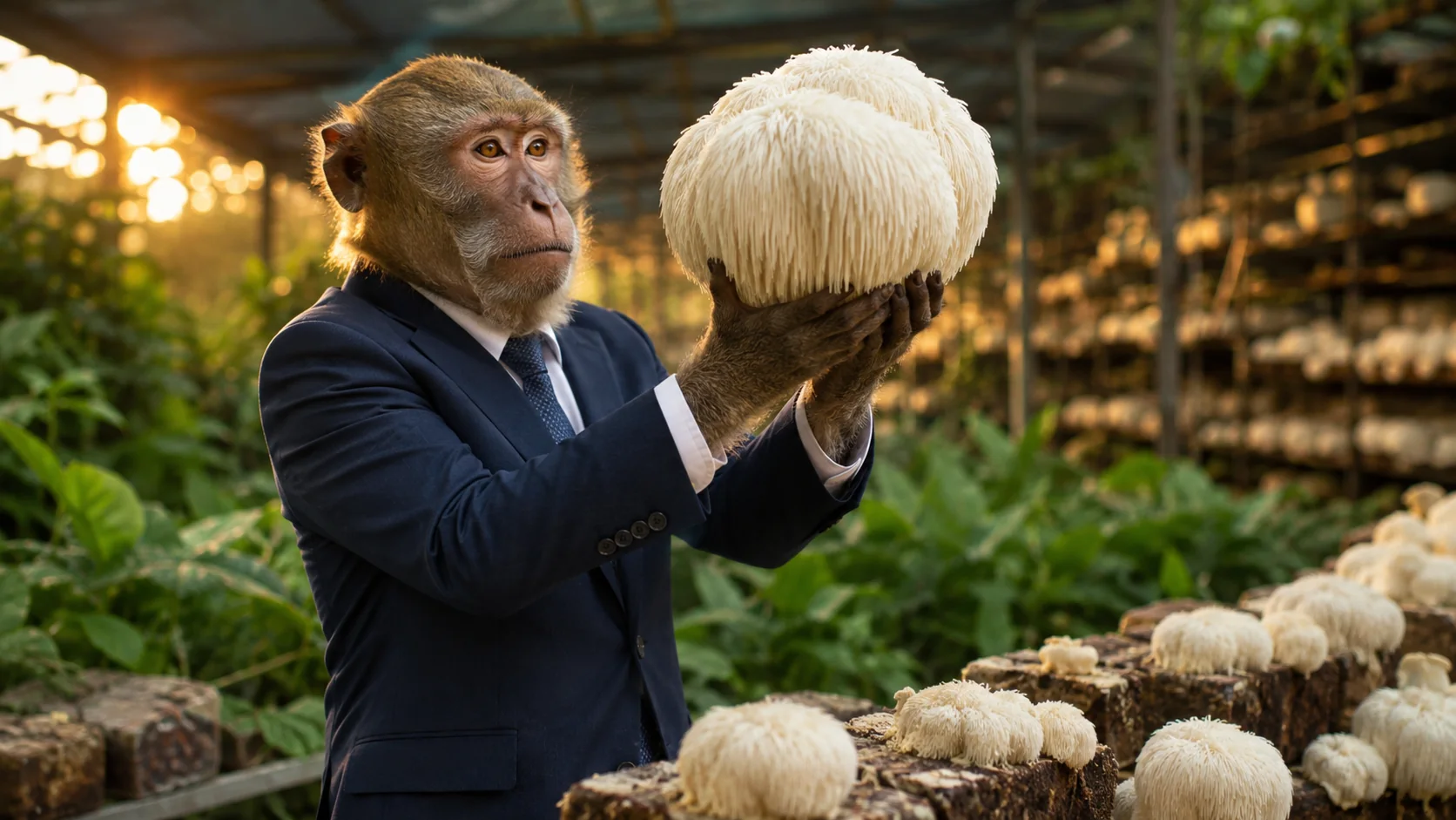 A monkey in a business suit holding a lion's mane mushroom in a mushroom farm